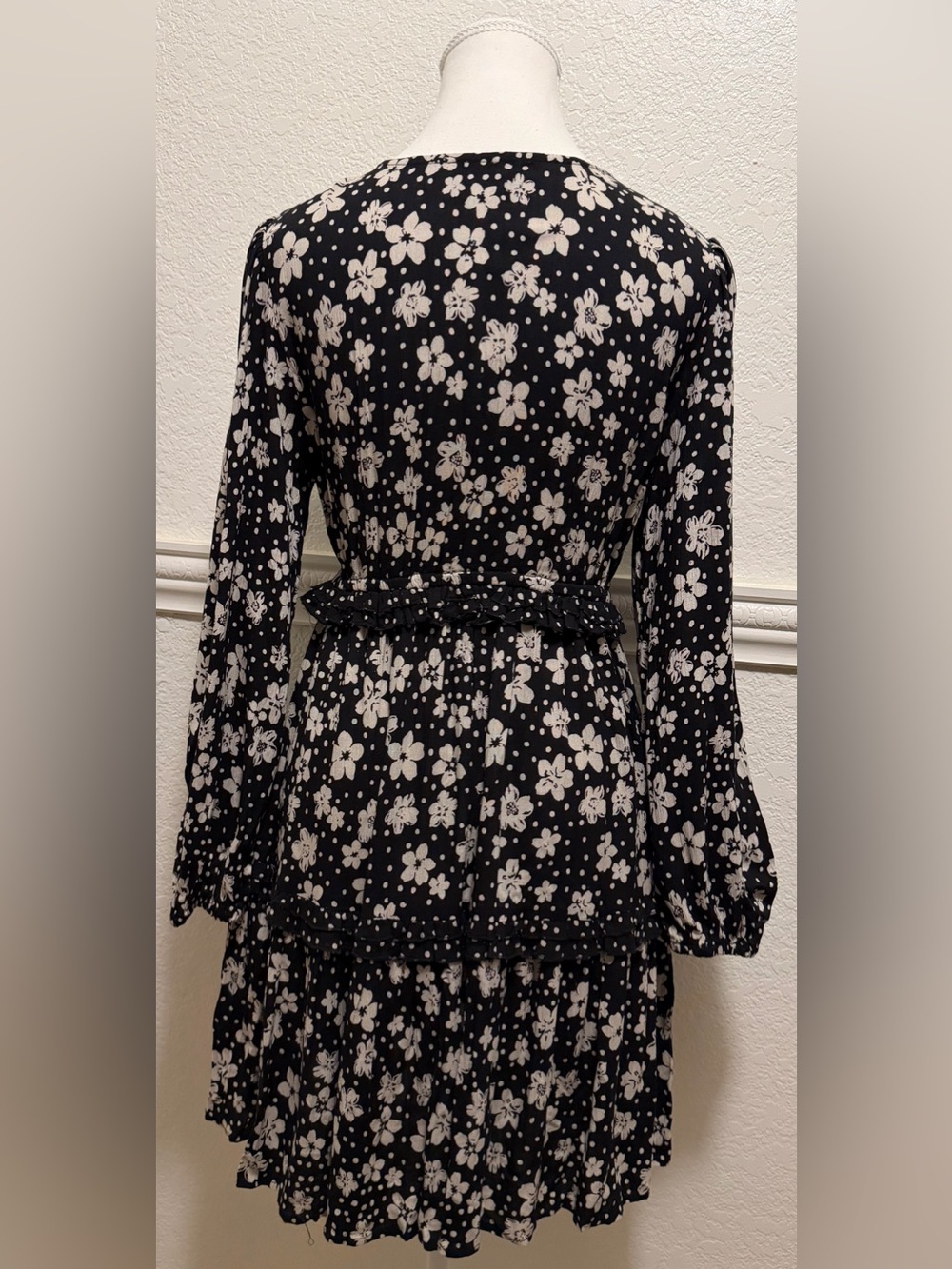 Angie Black Floral Long Sleeve Ruffle Mini Dress Boho Babydoll - Picture 6 of 10